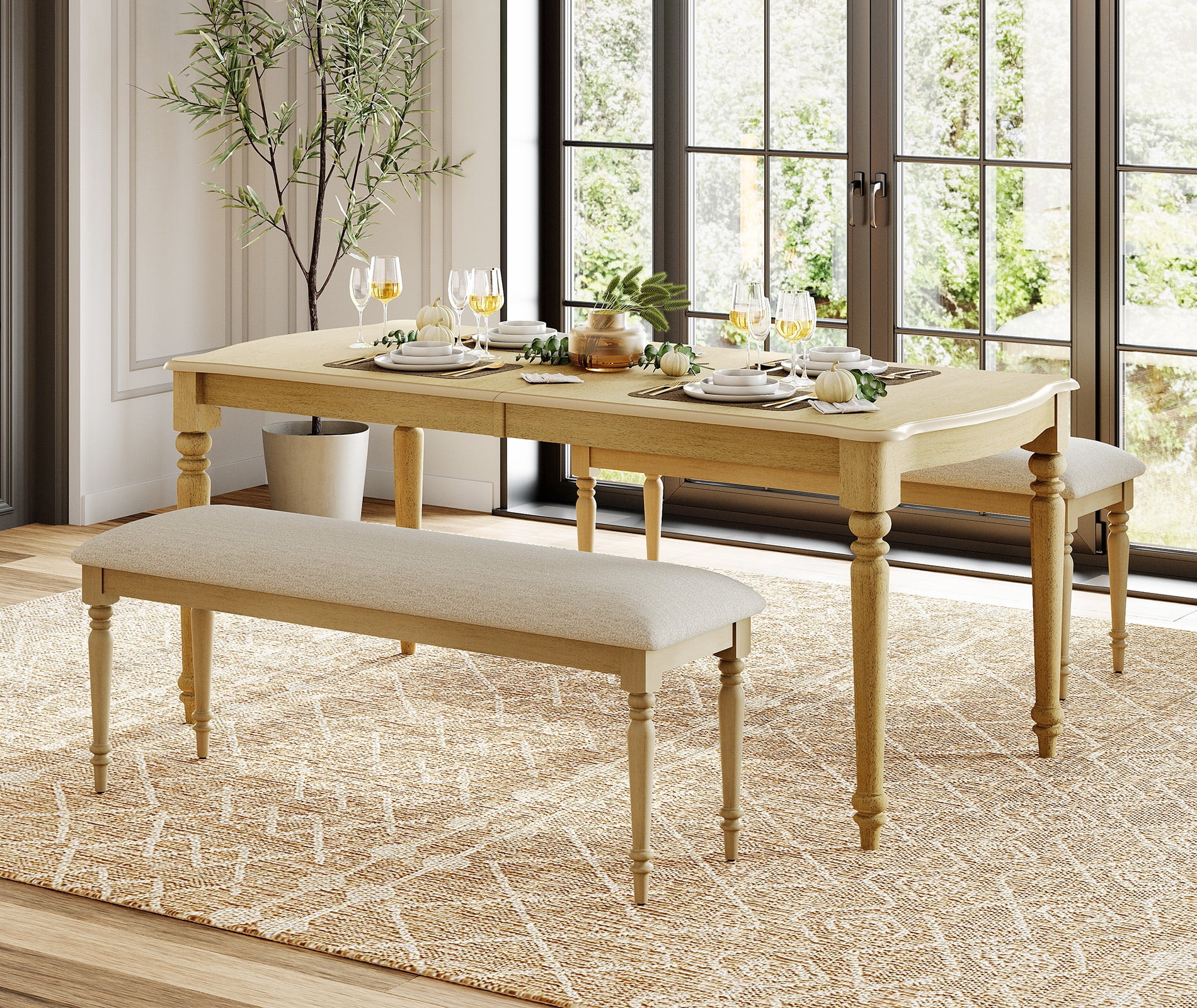 Dining Bench with Padded Seat, Farmhouse Bench Upholstered End of Bed Benches for Bedroom, Wooden Bench for Kithcen, Oak