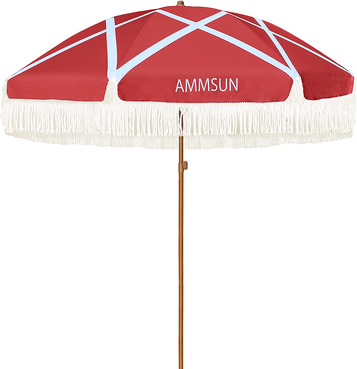 7ft Patio Umbrella with Fringe Outdoor Tassel Umbrella UPF50+ Wood Color Steel Pole and Steel