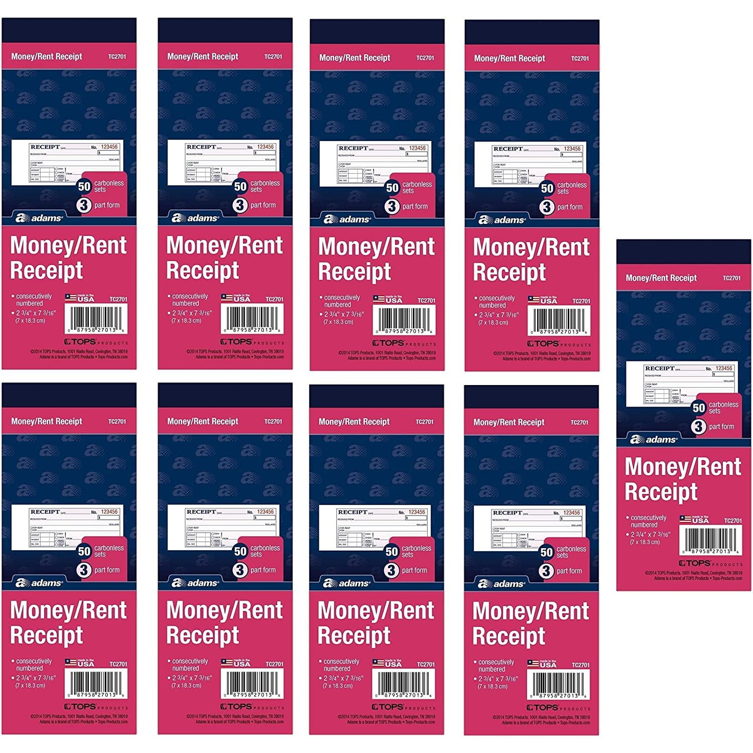 CintBllTer Money/Rent Receipt Book, Carbonless, 3Part, 23/4 x 73/16