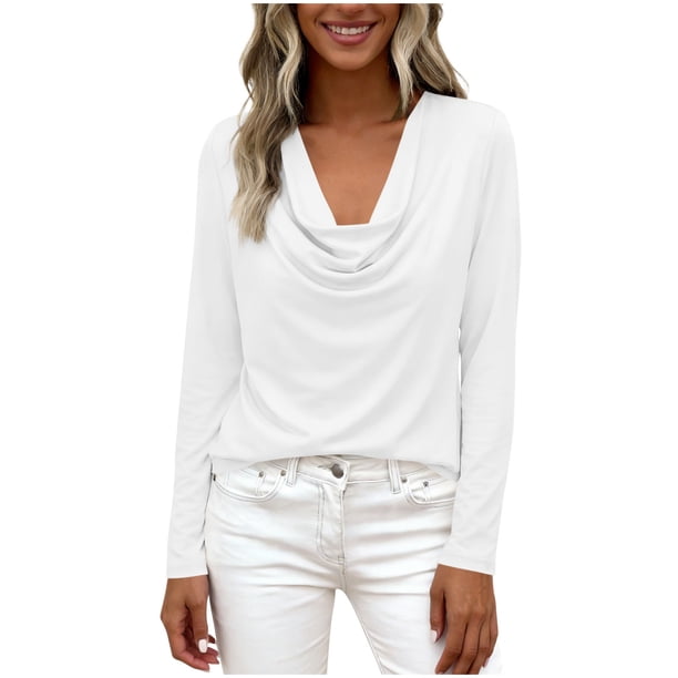 Camisa de Manga Larga con Cuello en V Blanca para Mujeres con Cuello de Vaca en Tela Fluida con Puño de Botón