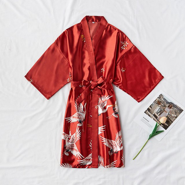 Pijama corto con estampado de grullas de seda sintética para mujer, vestido de novia de seda para primavera y verano, camisón de casa de gran tamaño, bata de baño