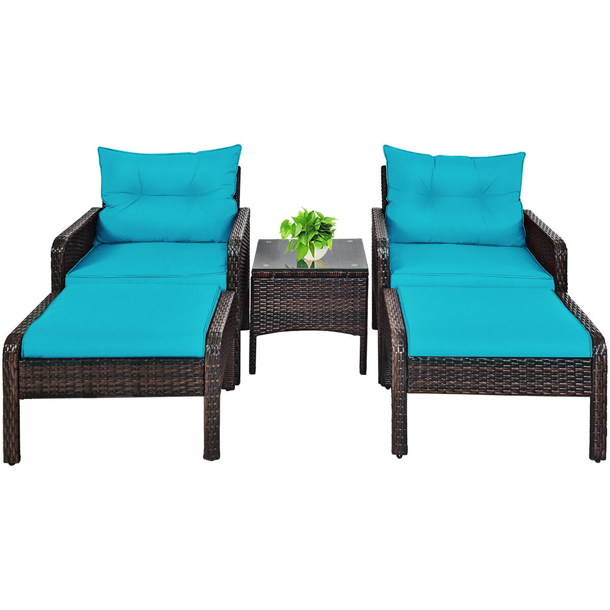 Costway 5-Piece Rattan Patio Furniture Set with 2 Ottomans and Glass Top Table, Brown/Turquoise