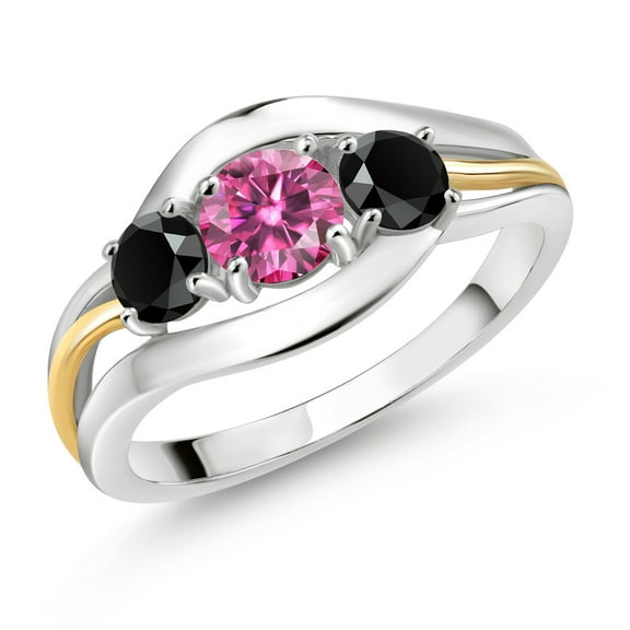 Gem Stone King 925 Sterling Silver and 10K Yellow Gold Round Pink Moissanite and Black Onyx 3 Stone Ring for Women (0.94 Cttw, Size 8)