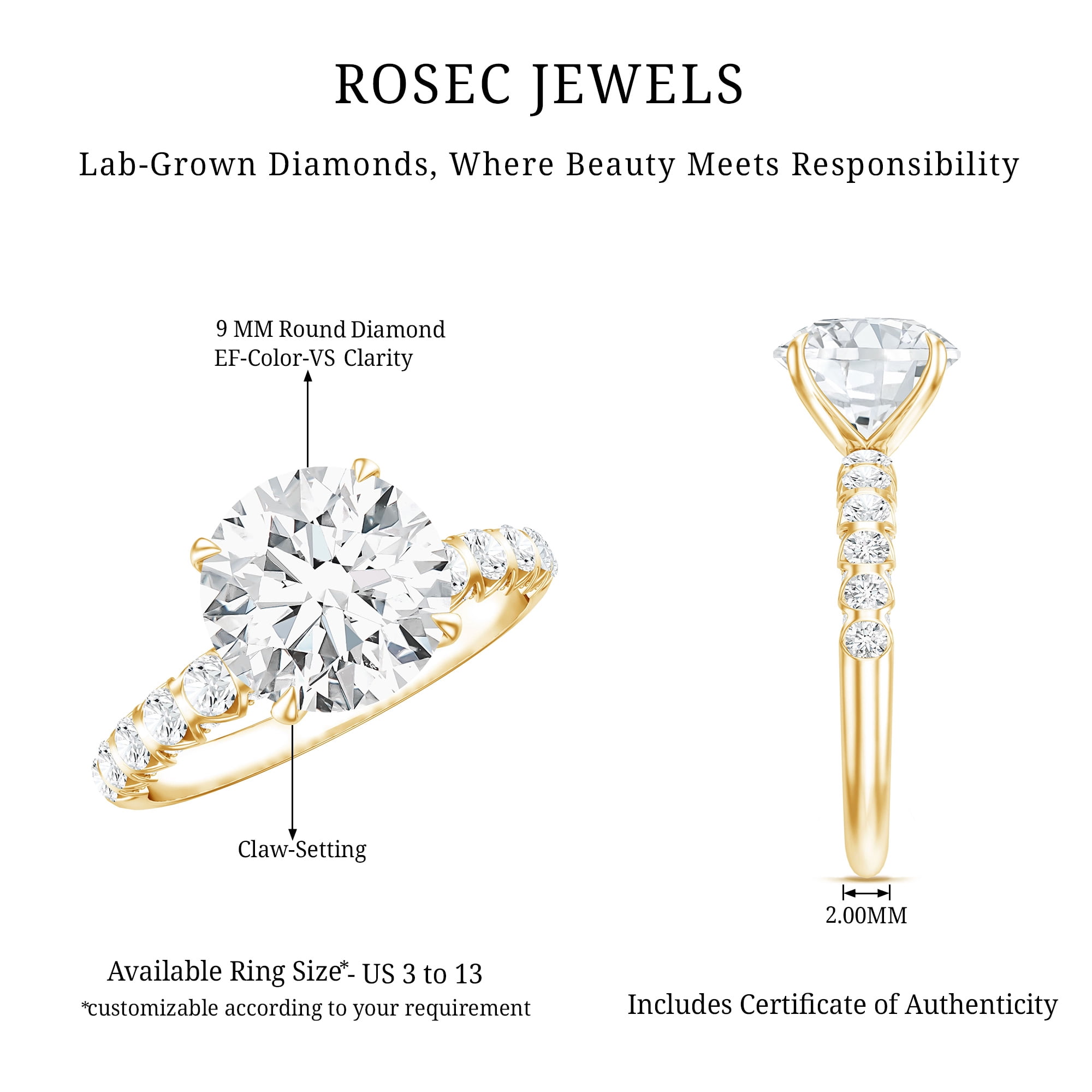 Rosec Jewels IGI Certified Lab Grown Diamond 3 Carat Engagement Ring for Women - E-VS1 Quality - Round Diamond Solitaire Ring, 10K Yellow Gold, US 9.50