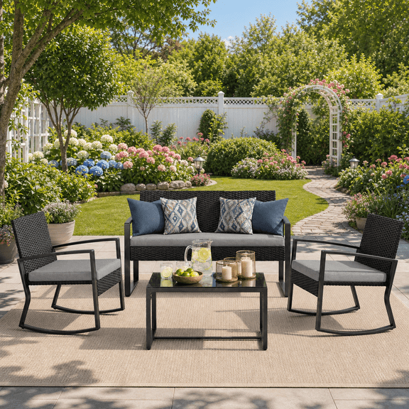 4-Piece Patio Conversation Sets,Asofer Outdoor Sectional Furniture with Coffee Table,Loveseat and Rocking chair,Gray