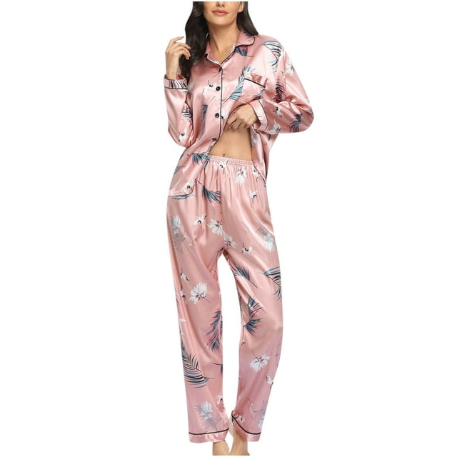 Pijama Augper de dos piezas para mujer, de manga larga, con botones y pantalón largo, para estar en casa