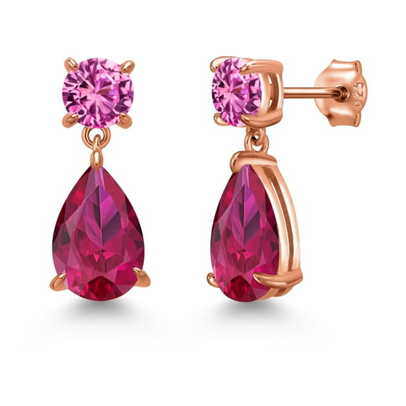 Gem Stone King 18K Rose Gold Plated Silver Red Created Ruby and Pink Created Sapphire Teardrop Dangle Drop Earrings for Women (8.96 Cttw, Gemstone Birthstone, Pear Shape 12x8MM, Round 6MM)