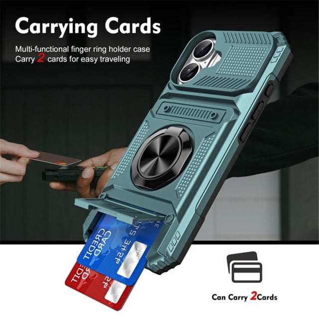 For Apple iPhone 17 Phone Case with Finger Ring Holder Kickstand, Card Slots,Heavy Duty Shockproof Rugged Protective Working with Magnetic Car Phone Mount,Green,For iPhone 17
