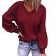 thumbnail image 3 of Suéter de Manga Larga para Mujer Casual Suelto Cuello en V Color Puro Mangas de Burbuja Jersey Suéter de Punto Top para Otoño Invierno Rojo XL, 3 of 6