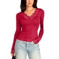 thumbnail image 3 of Women's Fitted Tops V Neck Lace Trim Shirts Long Sleeve Stretchy Soft Lightweight Basic Going Out Versatile Tee, #03 Wine, M, 3 of 6