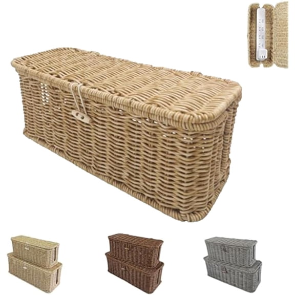 Handwoven Rattan Cable Management Box, Handwoven Rattan Cable Organizer, Decorative Cord Organizer for Power Strips and Chargers, Ventilated Storage Box for Home and Office