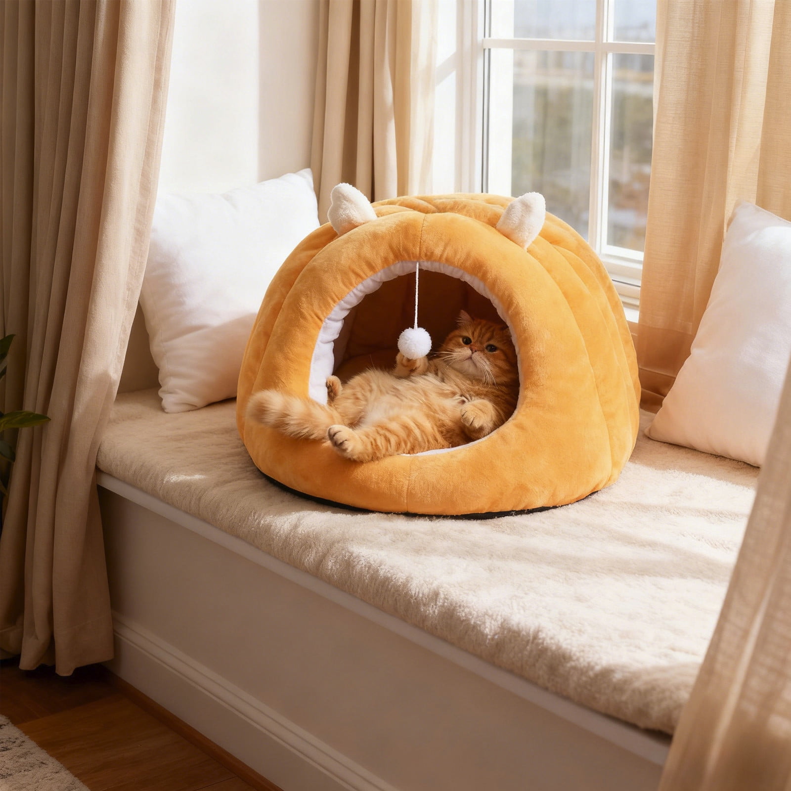 Winter Warm Pet Bed for Cats & Small Dogs, 15.75x13.78in Semi-Enclosed Plush Cave with Removable Cushion, Calming & Anti-Anxiety Yellow