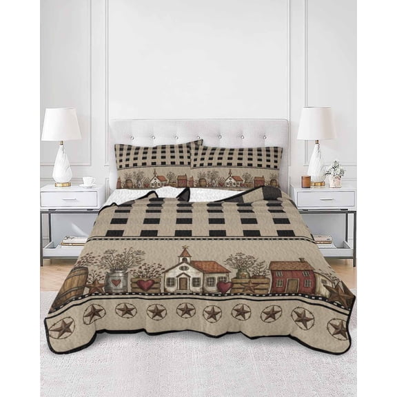 Quilts King Size, Farmhouse Barn Soft Comforter Bedding Set for Bed, Vintage Country House Black Buffalo Plaid Lightweight Quilted Bedspread with Pillow Cover(2 Pieces) for All Season, 96x106 Inch
