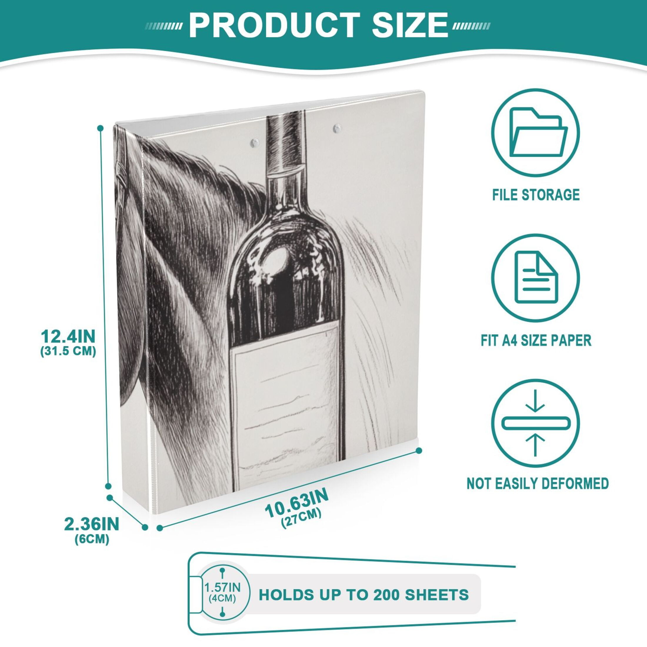 Horse Head Wine 3 Ring Binders 1.5 inch Hardcover File Folders with Interior Pockets A4 Size Organizer for School Office Hospital