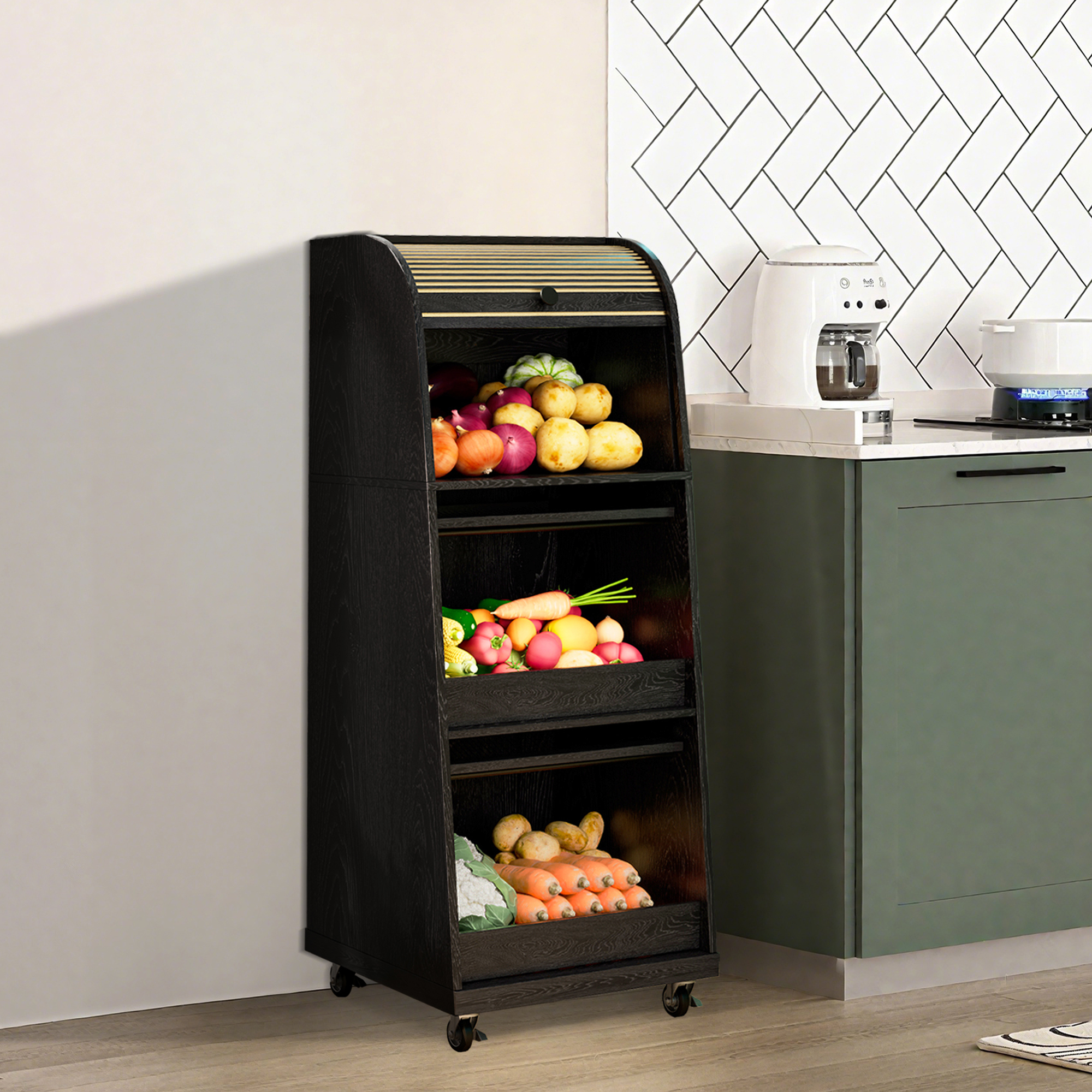Onion and Potato Storage Bin Box, Movable Potato Bins with Sliding Door, Farmhouse Kitchen Pantry Cabinet