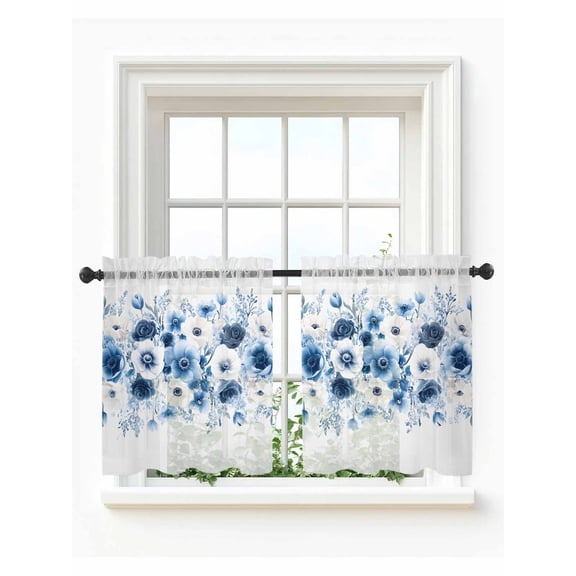 White Blue Flower Tier Curtains 36 Inch Length,Sheer Curtains for Bedroom Living Room Window Vintage Pastoral Floral Petals Spring Voile Drapes Kitchen Curtains Small Half Window 27.5"x36" 2 Panels