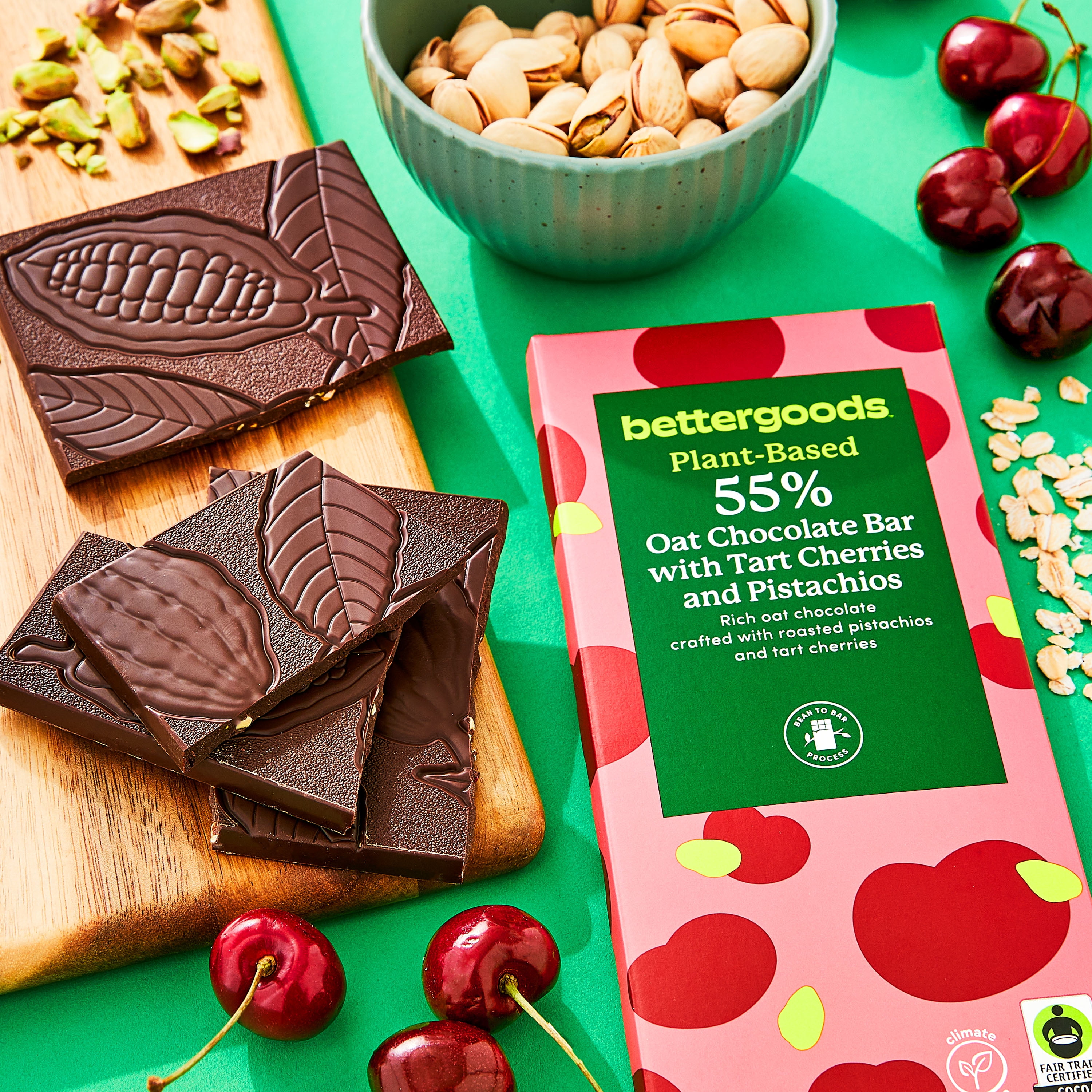 bettergoods Plant-based 55% Oat Chocolate Bar with Tart Cherries and Pistachios, 3.5 oz