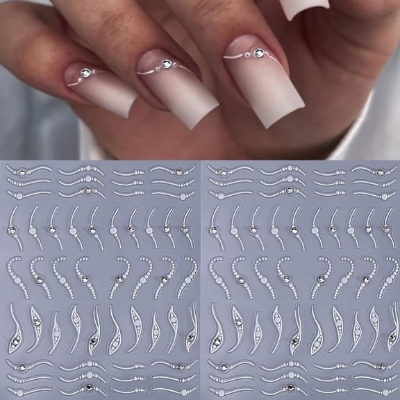 Elegant 3D French Line Nail Art Stickers with Crystal Rhinestones - Self-Adhesive Matte Finish Nail Wraps for Stunning Nail Designs (2 Pieces)