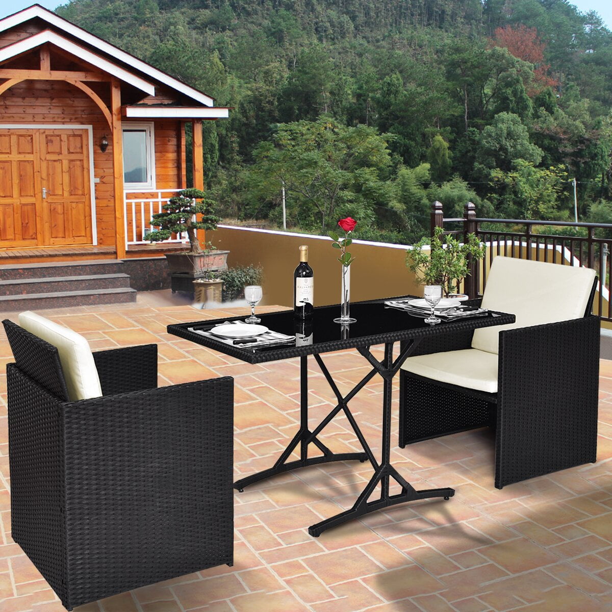 Gymax 3 PC Black Rattan Furniture Set Cushioned Outdoor Garden Patio ...