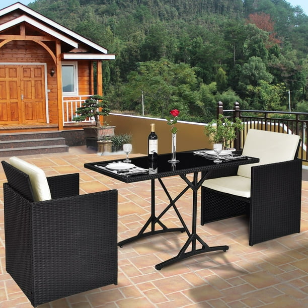 Gymax 3 PC Black Rattan Furniture Set Cushioned Outdoor Garden Patio