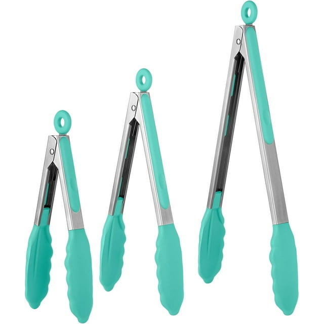 600°F Heat Resistant Kitchen Tongs: U-Taste 7/9/12 inch Silicone Cooking Tong Set with Non Stick Rubber Tips and Silicon Coated 18/8 Stainless Steel Handle for Serving Grilling Salad(Aqua Sky)