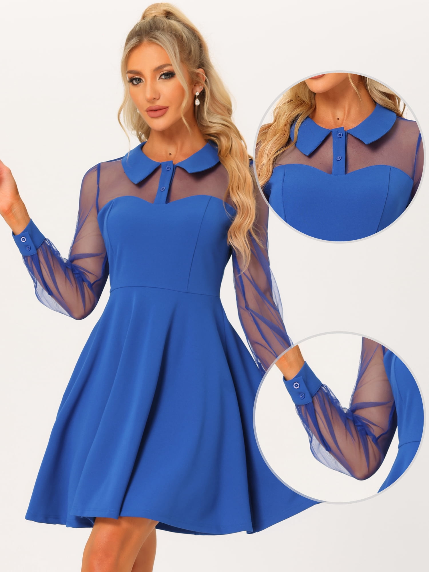 Unique Bargains Women's Retro Flat Collar Mesh Sheer Sleeve Flared Party Dress L Royal Blue