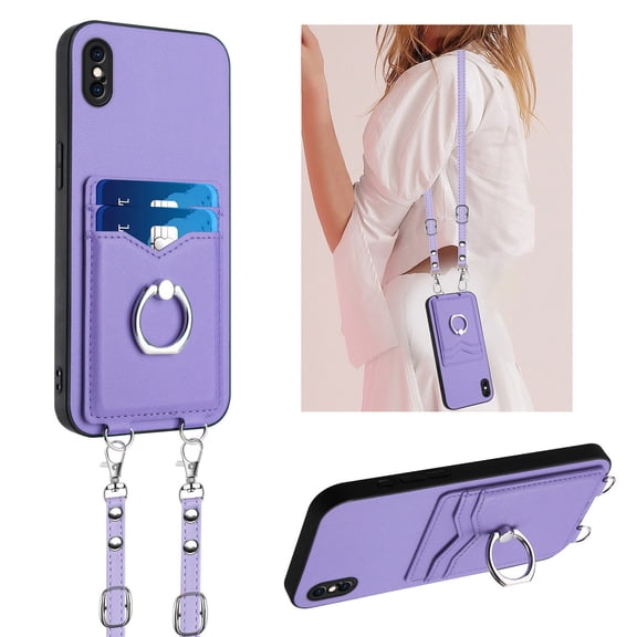 for iPhone XS / X Phone Case Wallet with Crossbody Strap & Card Holder, Premium PU Leather Case, 360 Ring Holder Kickstand Durable Protective Women Men Cover for iPhone XS / X,Purple