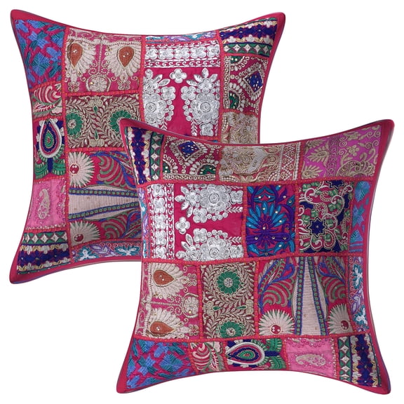 Stylo Culture Ethnic Cotton Decorative Throw Pillow Covers Dark Pink 16x16 Bohemian Vintage Patchwork Ethnic Sofa Cushion Covers 40 x 40 cm Home Decor Floral Square Pillow Cases | Set Of 2