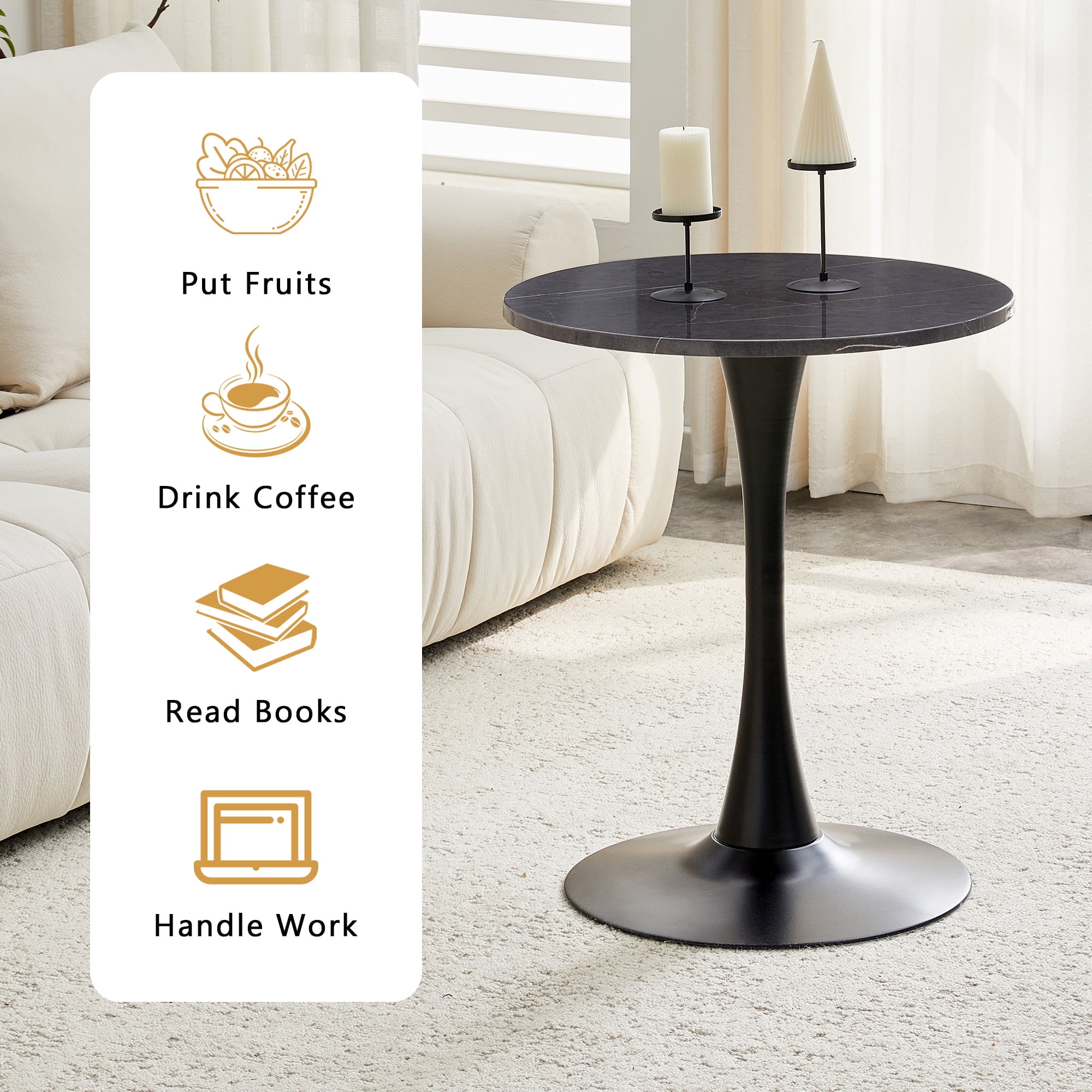 Miniyam 23.6” Round Dining Table, Small Pedestal Tulip Style Table for 2–4 People, Wooden Top with Metal Base, Charcoal Gray