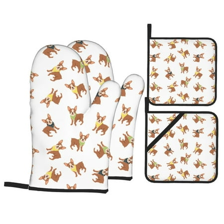 

Oven Mitts and Pot Holders Sets 4 pcs - Boston Terrier dog neckerchief cute Heat Resistant Silicone Oven Gloves with Non-Slip Silicone Surface and hot pads for kitchen Baking Cooking BBQ