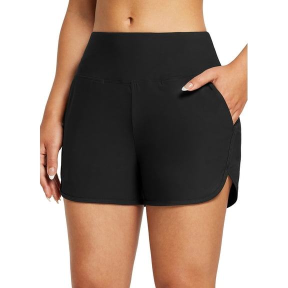 BALEAF Women's 3" High Waisted Swim Shorts Bottoms Tummy Control Quick Dry Swimsuit Board Shorts with Pockets UPF 50 Black L