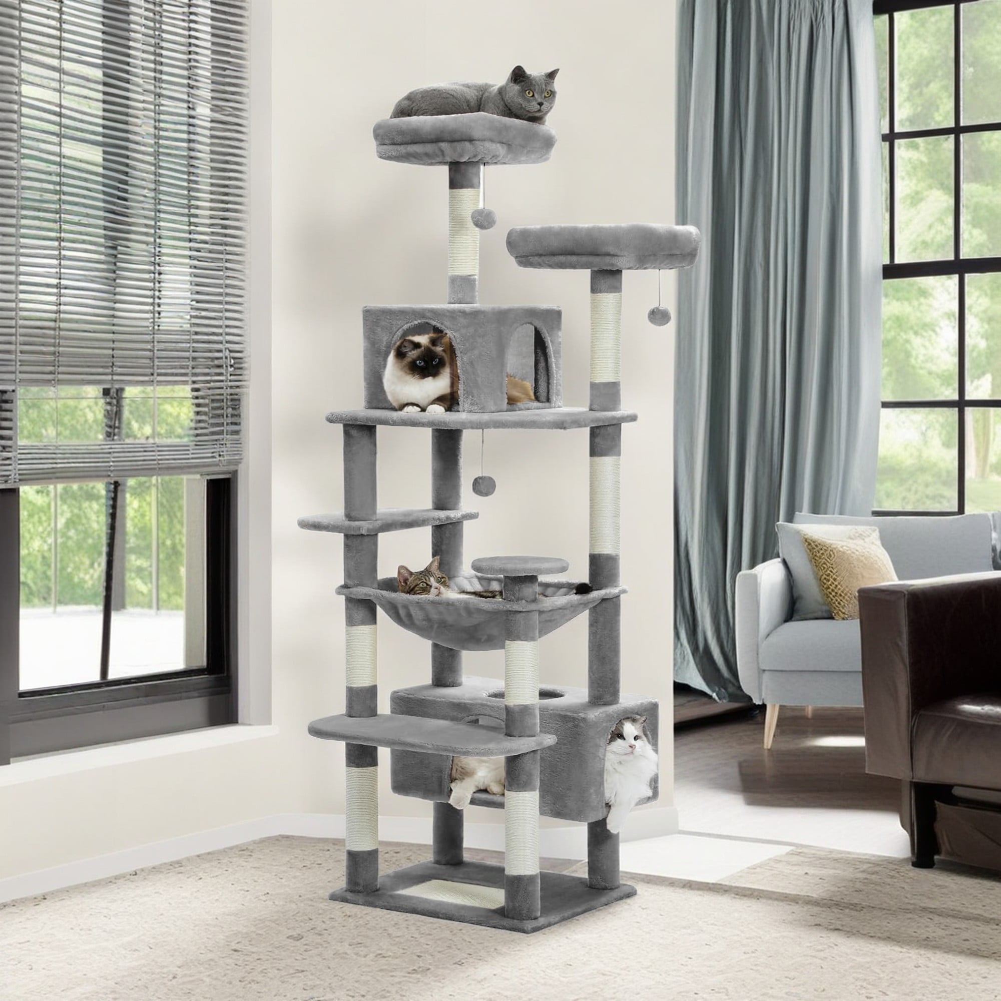 resenkos 72" Cat Tree Tower for Large Cats, Indoor Cat Condo with Sisal-Covered Scratching Posts and Pads, 2 Padded Perch, Gray