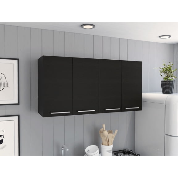 Wall Mounted Cabinet With Four Doors And Two Cabinets - Black, Look Black Kitchen Cabinet, Doors, Shelves Space Saving Design