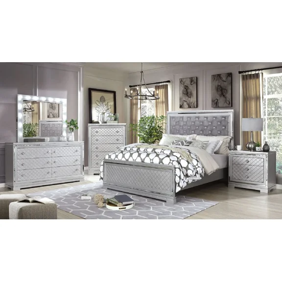 Glam Mirror Panels Queen Size Bed Silver 4pc Bedroom Set Gray Tufted Fabric Headboard