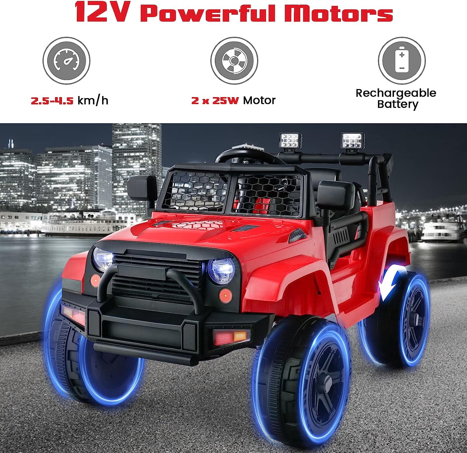 OLAKIDS Kids Ride On Truck, 12V Electric Vehicle Car with Remote Control, Toddlers Battery Powered Toy with 2 Speeds, Spring Suspension, Double Open Doors, LED Lights, Music, USB, Mp3 (Red)