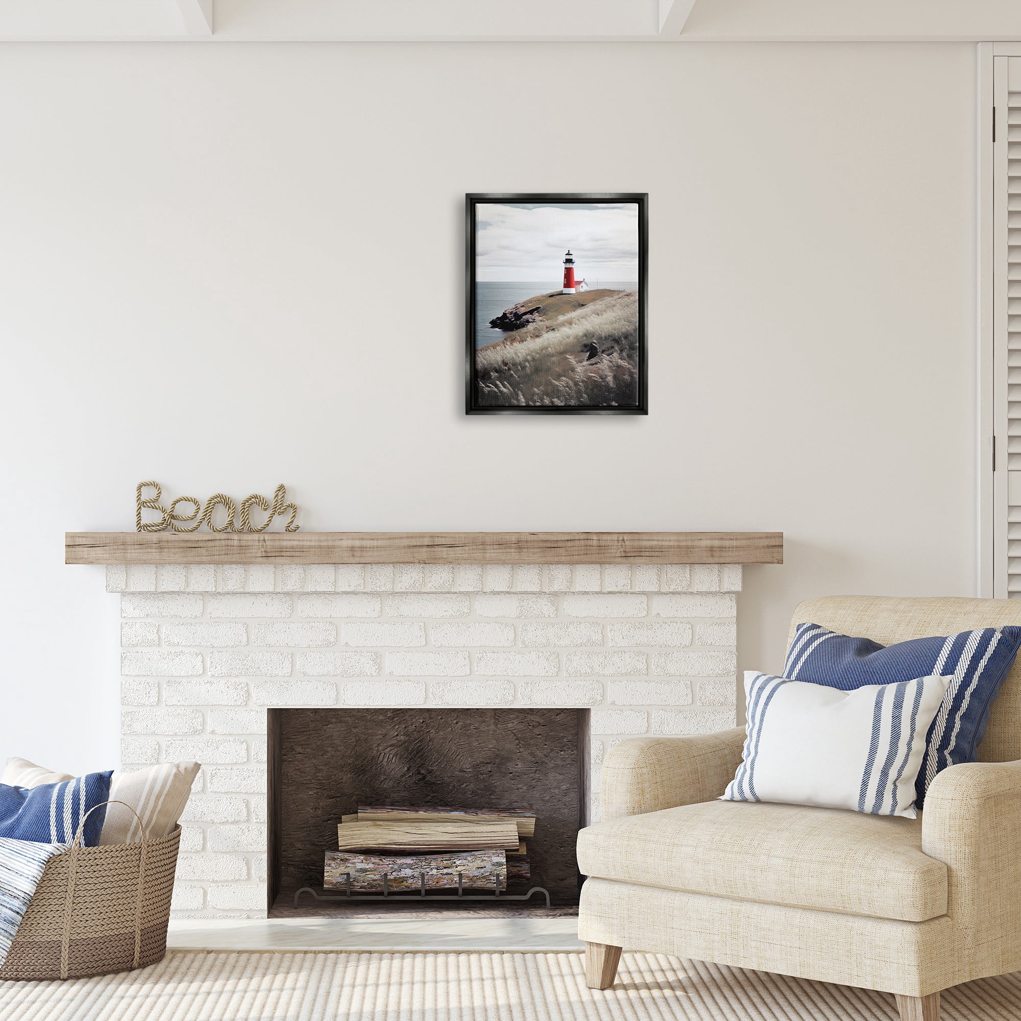 Stupell Industries Red Lighthouse Landscape Landscape Photography Black Floater Framed Canvas Art Print Wall Art, 17 x 21