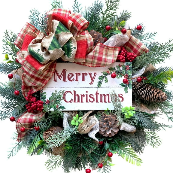 Merry Christmas Wreath for Front Door, 20'' Xmas Wreath with Red Berries Pine cone Artificial Xmas Winter Wreaths for Indoor Outdoor