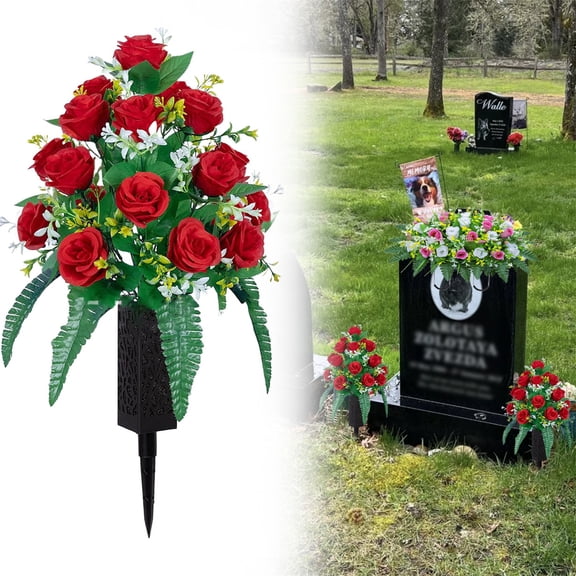 Clearance Artificial flowers under $50,Artificial Cemetery Flowers， Outdoor Decorations Roses，Accompanied By Long Nail Vases。Lasting And Non Colors