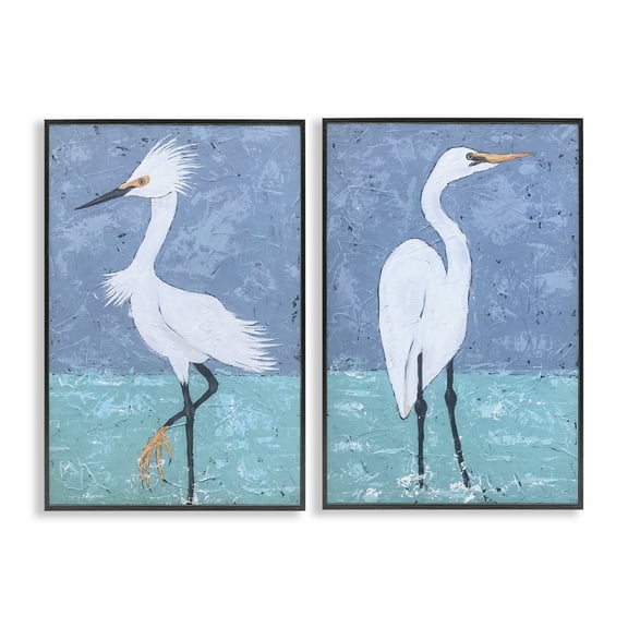 Stupell Industries Snowy Egret Pond Animals Painting Black Framed Art Print Wall Art, 12 x 18, Set of 2