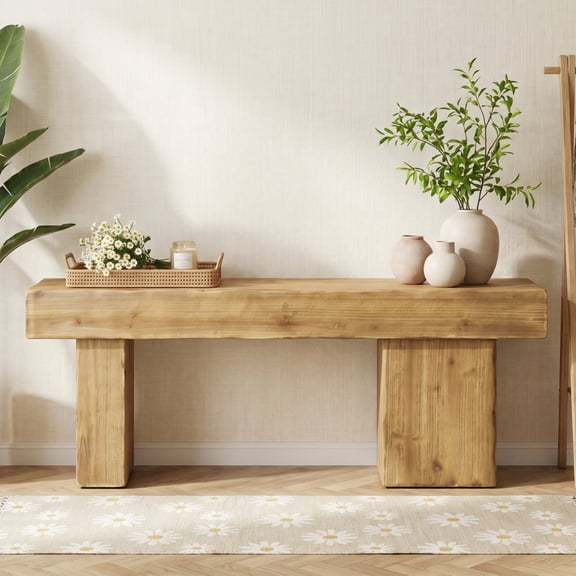 Finmind 47" Solid Wood Bench, Farmhouse Entryway Bench with Thickened Seat & Artistic Legs, Natural