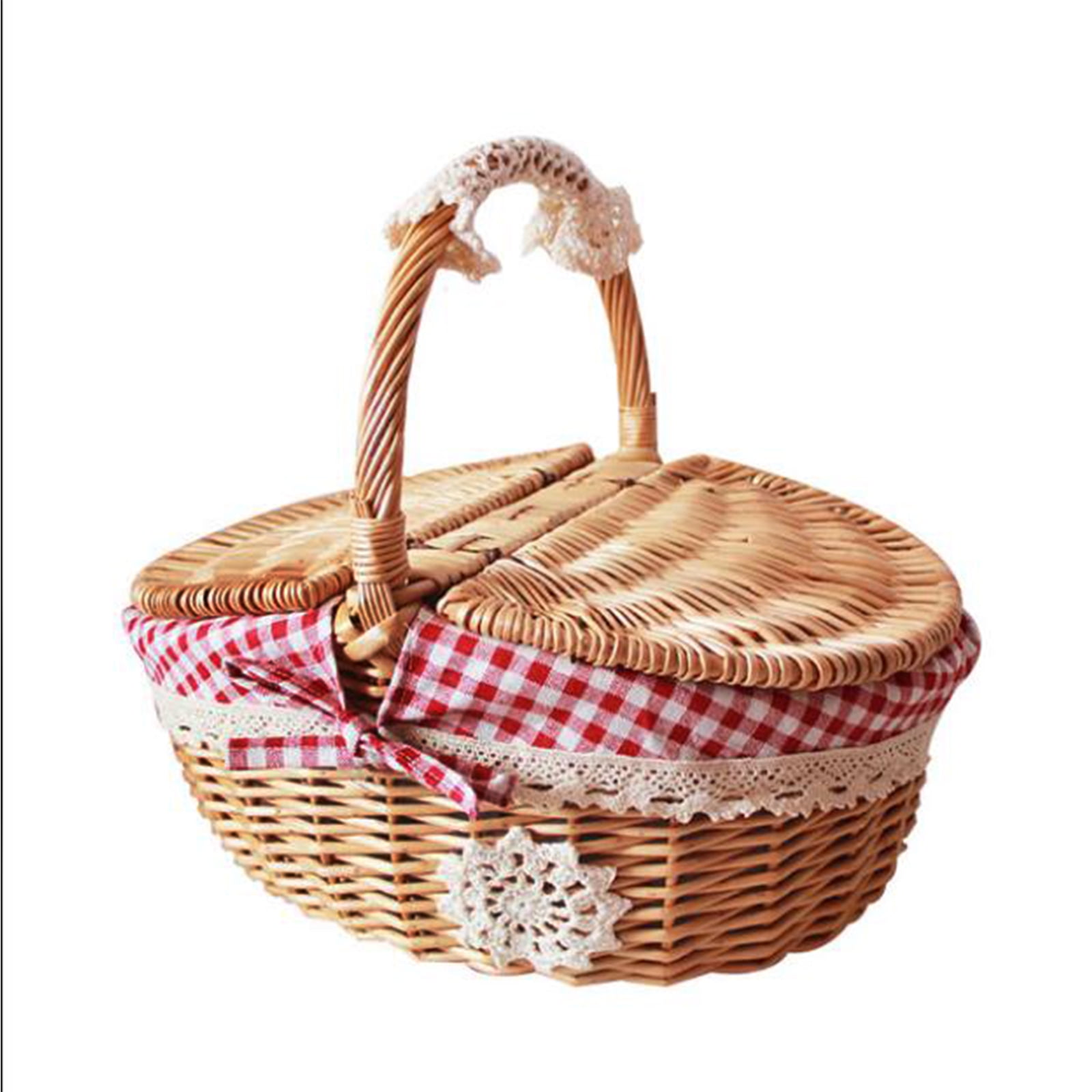 Vintage Wooden Wicker Picnic Basket Shopping Hamper Camping Storage w Lid Handl 