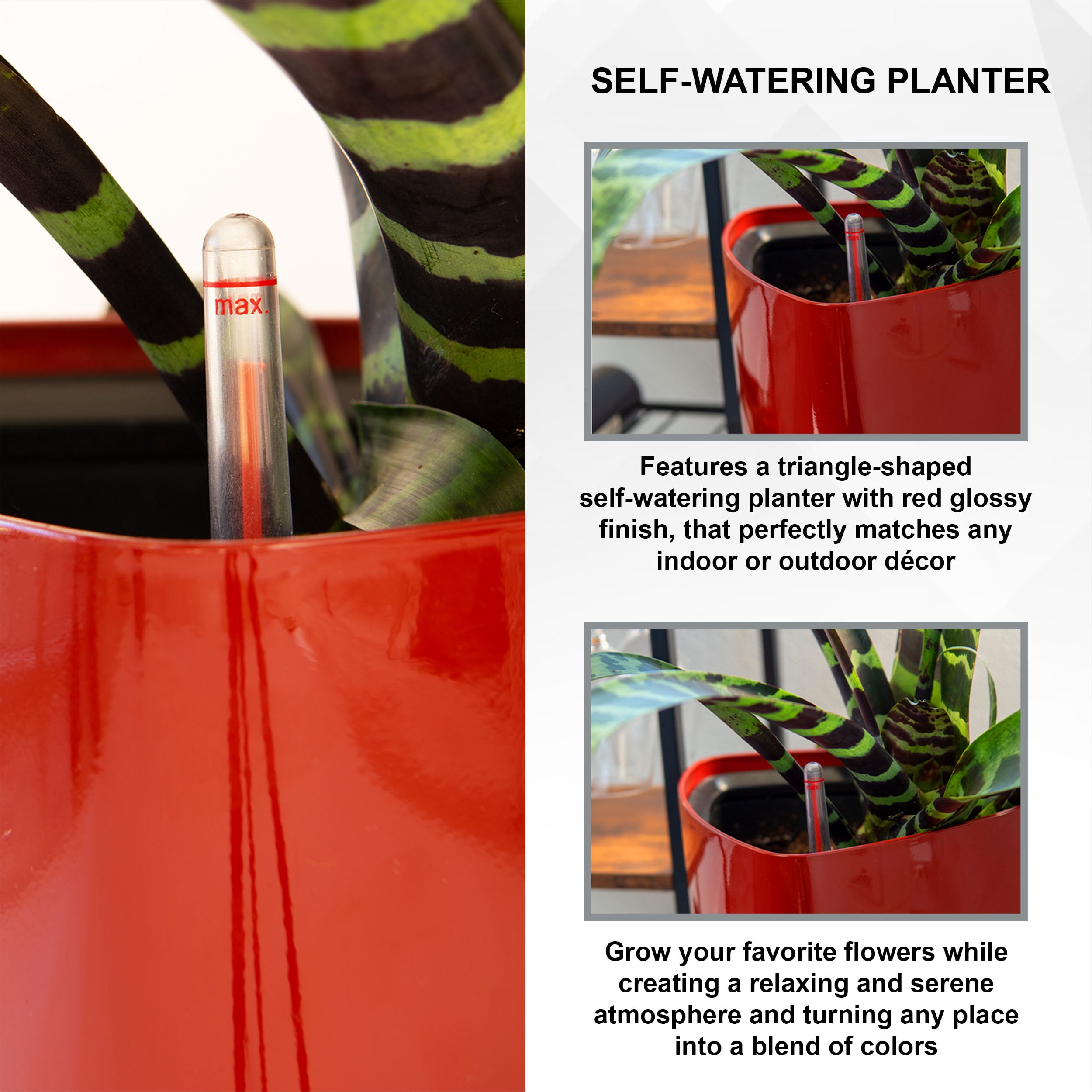 XBrand 22.4" H Red Plastic Self Watering Indoor Outdoor Triangle Planter Pot w/Glossy Finish, Tall Decorative Gardening Pot, Home Décor Accent