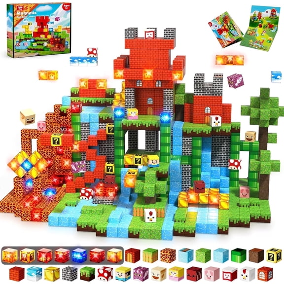 Annexfun 200PCS Magnetic Blocks with Light Blocks - Magnetic Blocks for Kids Ages 4 5 6 7 8, Magnetic Building Block, Christmas Birthday Gifts for 3-10 Years Old Boy Girls, STEM Toy