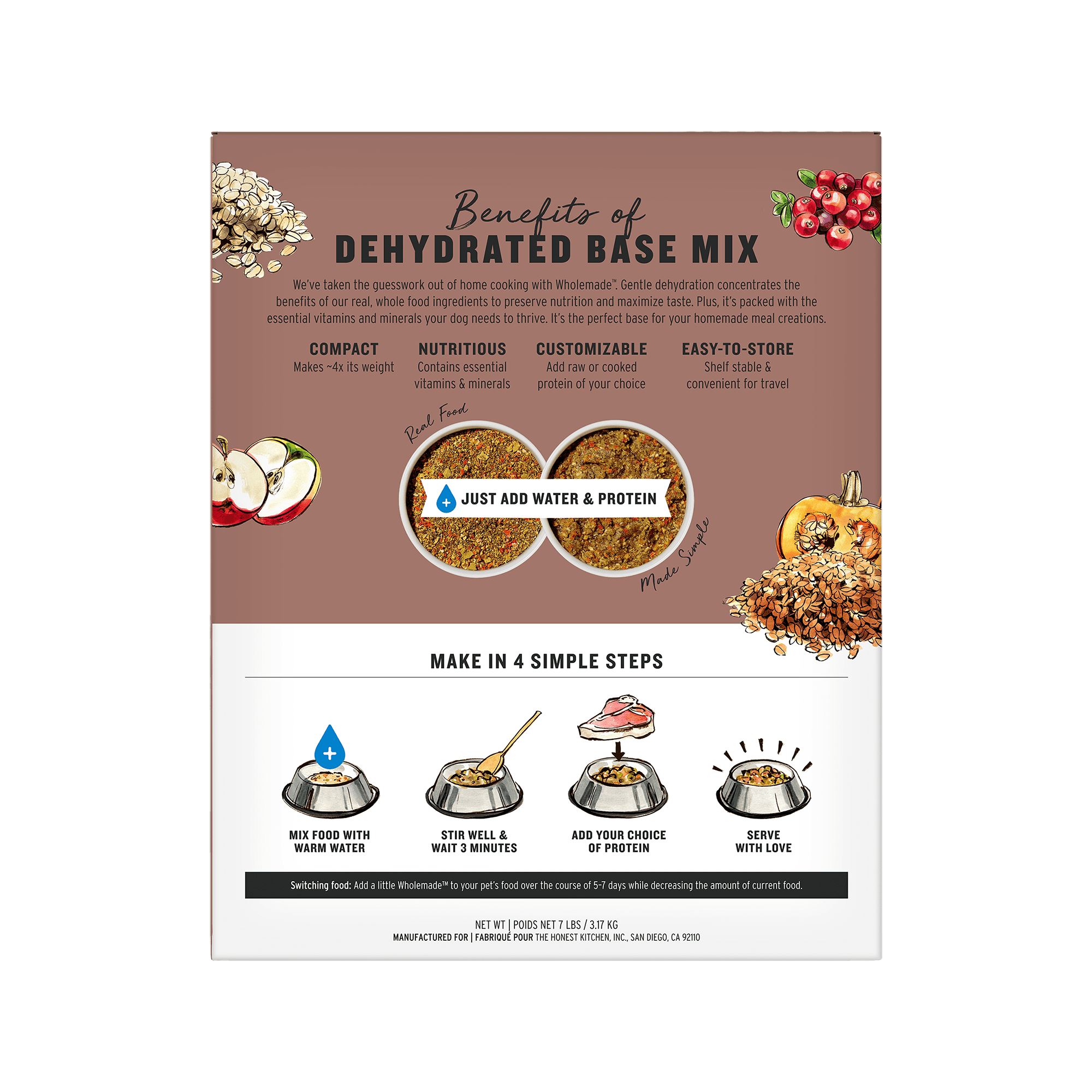 The Honest Kitchen Human Grade Wholemade™ Dehydrated Dog Food Whole Grain, Veggie & Fruit Base Mix ( Add Protein), 7 lb (Makes 28 lbs)
