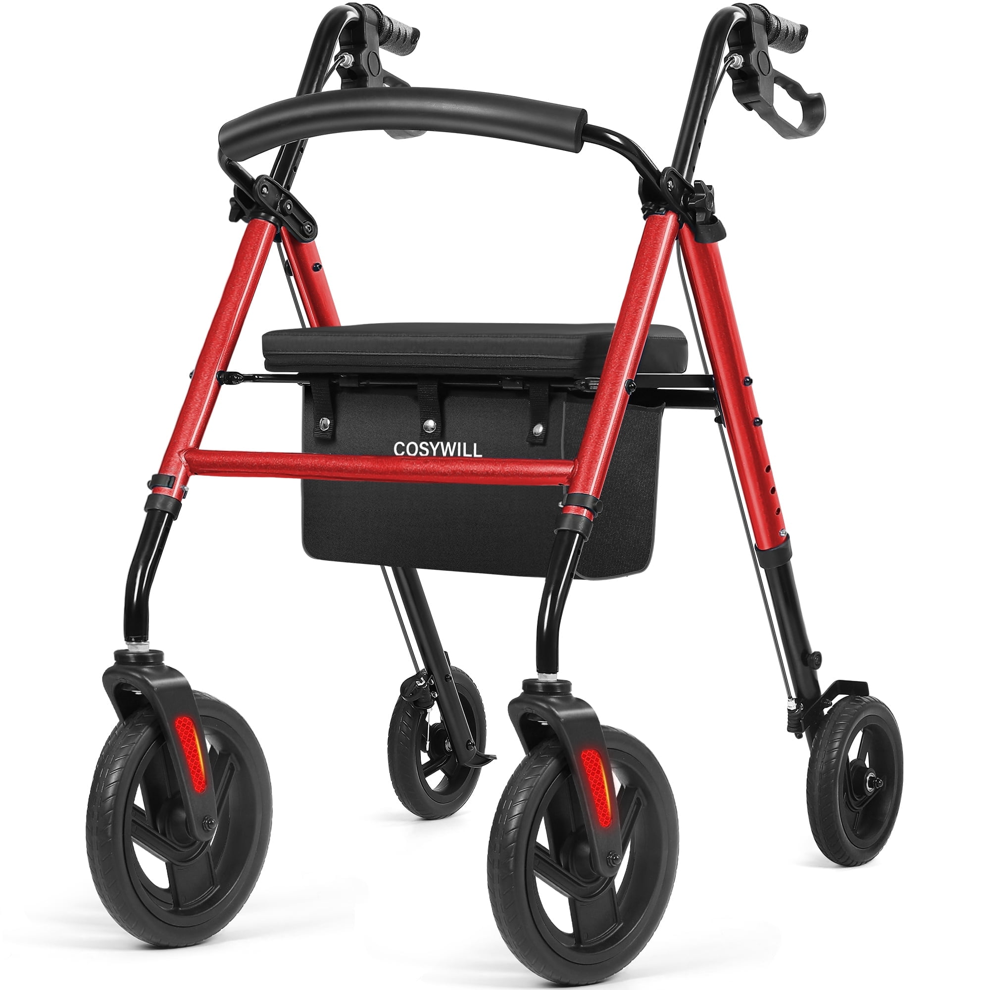COSYWILL Rollator Walker with Seat,Foldable Walkers for Seniors,Mobility Walkers with 10'' Big Wheels,Adjustable Handles and Seat Height, Red