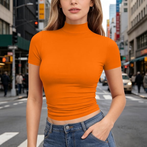 Women's Mock Neck Short Sleeve T-Shirt Slim Fit Stretchy Breathable Basic Layering Fitted Casual Tee Top 17-Orange XL