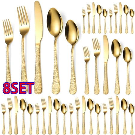 

Lishuaiier 8Set Hammered dinnerware Serving Utensils Stainless Steel Flatware Cutlery Tableware Include Knifes Forks Spoons Mirror Polished Dishwasher Safe (Golden)