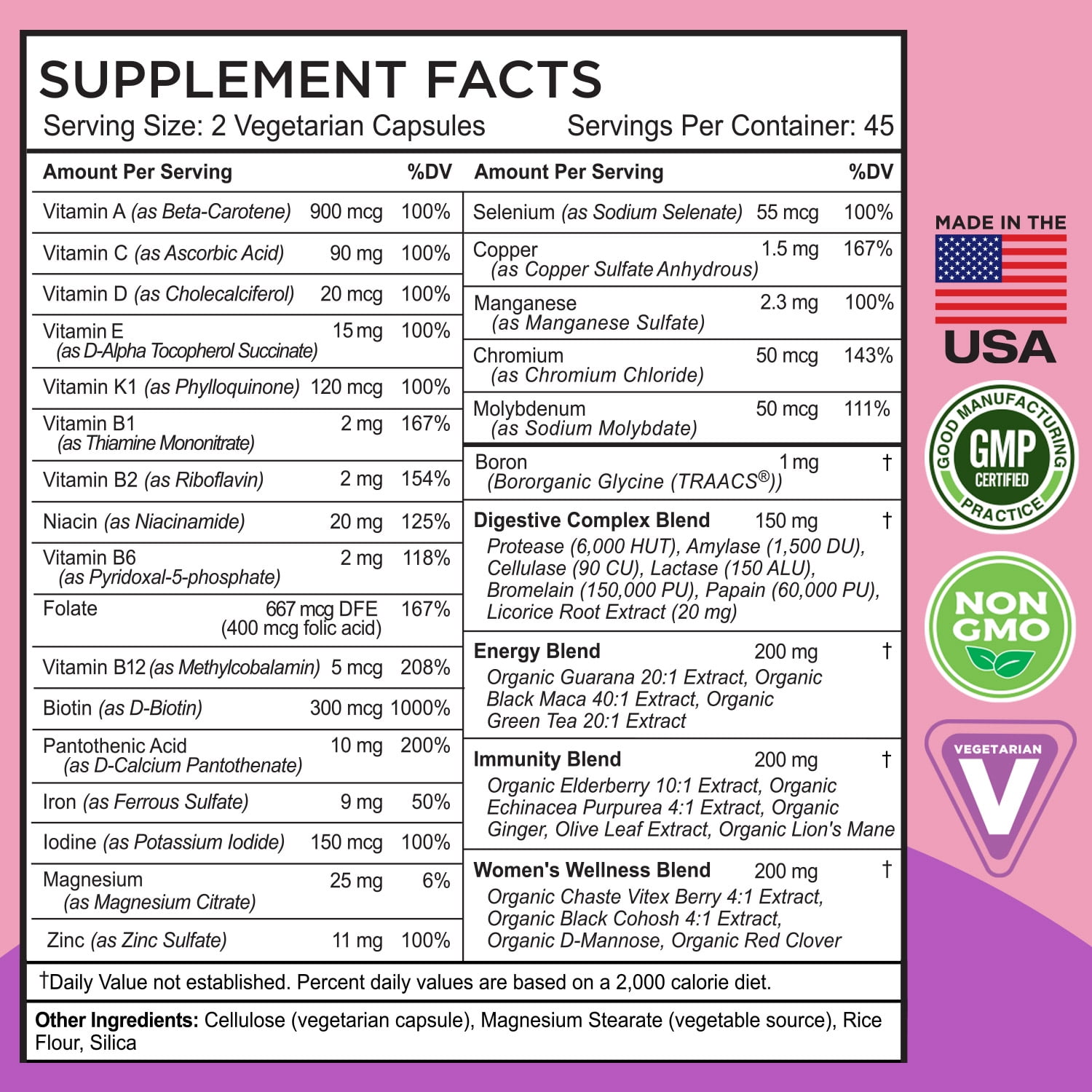 Multivitamin For Women | 22 Essential Nutrients, Fruits & Veggies Womens Multivitamin | Whole Food Multivitamin Boosts Energy, Immune, Heart Health | Womens Daily Vitamins - 90 Capsules