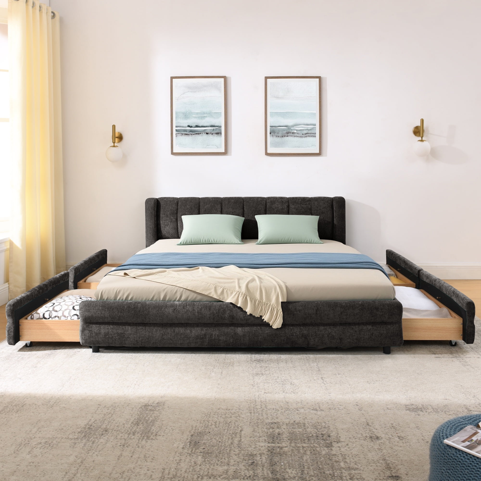 Modern Dark Grey Wood Frame Queen Size Platform Bed, Queen Chenille Upholstered Platform Bed with Headboard & 4 Drawers
