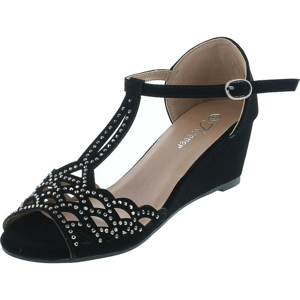 Static Footwear Blaze04 Rhinestone Peep Toe Cut Out Ankle Strap Low Wedge Dress Sandal Black 